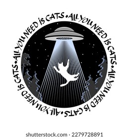 Drawing of a UFO kidnapping a cat and lettering. Vector emblem