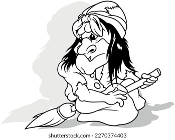 Drawing of an Ugly Witch in Torn Clothes Sits on a Broom - Cartoon Illustration Isolated on White Background, Vector