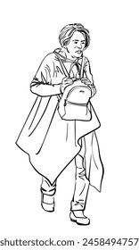 Drawing of an unhappy mature woman walking thoughtfully and carrying a small backpack in front on her stomach, holding it with her hands, Vector sketch isolated, Hand drawn illustration