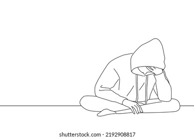 Drawing of unhappy young adolescent girl sitting on comfortable bed, feeling exhausted or depressed alone at home. One line art
