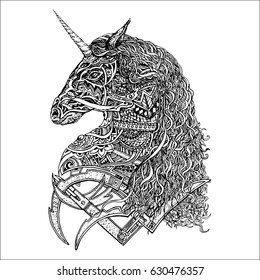 Drawing unicorn, black and white, vector illustration