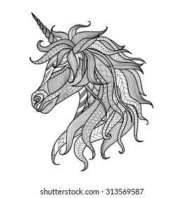 Drawing Unicorn Zentangle Style For Coloring Book, Tattoo, Shirt Design, Logo, Sign