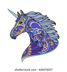 Drawing unicorn zentangle style for coloring book, tattoo, shirt design, logo, sign. stylized illustration of horse unicorn in tangle doodle style