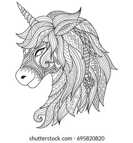 Drawing unicorn zentangle style for coloring book, tattoo, shirt design, logo, sign. stylized illustration of horse unicorn . Vector illustration