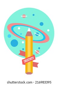 Drawing the universe. Creativity and back to school concept, flat design element. Vector illustration. 