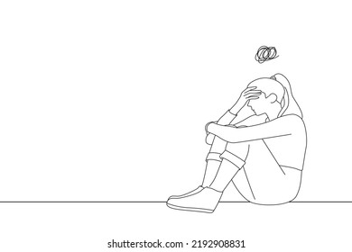 Drawing of upset woman frustrated by problem with work or relationships, sitting on couch, embracing knees, covered face in hand. Oneline art drawing style
