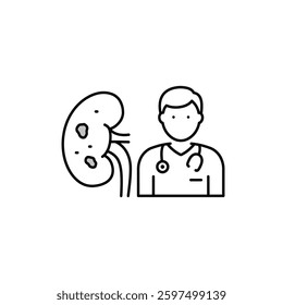 Drawing of a Urologist With a Kidney Icon Showing a Kidney Stone
