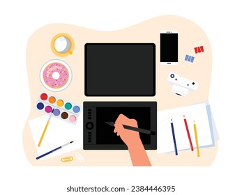 Drawing using tablet, painting supplies, donuts and milk for snack, desk top view vector illustration.