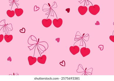 Drawing for Valentine's Day. Seamless pattern with hearts, cherries and bows. Pink. Vector
