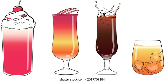 Drawing of variety glasses with sweet cafe drinks and cocktails 
