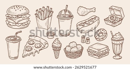 A drawing of various food items and drinks, including a hot dog, a sandwich, a pizza, a donut, and a cup of coffee