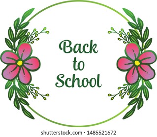 Drawing of various shape green leafy flower frame, for greeting card with lettering back to school. Vector