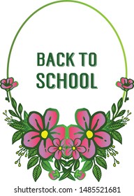 Drawing of various shape green leafy flower frame, for greeting card with lettering back to school. Vector