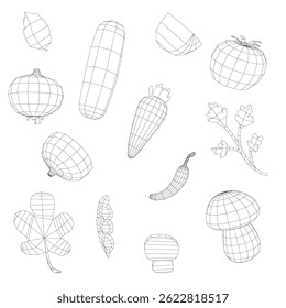 A drawing of various vegetables and herbs, including carrots, mushrooms, and peppers. The drawing is in black and white and has a simple, minimalist style