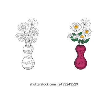 Drawing of a vase with daisies in boho style, contour drawing of a bouquet in a vase for coloring.