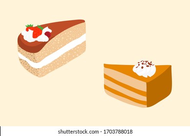 Drawing vector cakes, woman and children famous sweet dessert with whipping cream topping. Chocolate and Thai tea flavor.