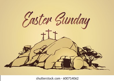 Drawing Vector Calvary, Cross, Cave Resurrection