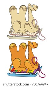 Drawing vector cartoon winter leisure animal. Camel on sledges
