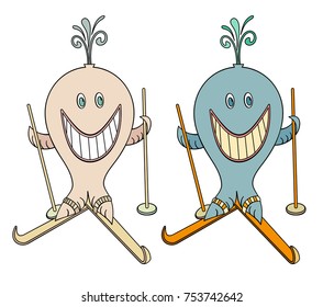 Drawing vector cartoon winter leisure animal. Whale on skis