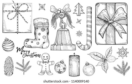 drawing vector of christmas decoration set.