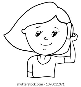 Drawing in vector, for coloring, cartoon character, girl speaks by mobile phone