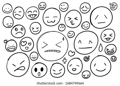 Drawing vector comic round faces with emotions for any decoration in graphic design. Single line art illustration isolation on white background.