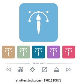 Curva vectorial de dibujo con herramientas de pincel iconos planos blancos sobre fondo cuadrado redondeado de color. 6 iconos de bonificación incluidos