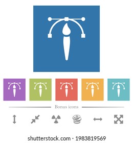 Drawing vector curve with brush tool flat white icons in square backgrounds. 6 bonus icons included.