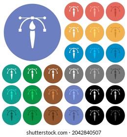 Drawing vector curve with brush tool multi colored flat icons on round backgrounds. Included white, light and dark icon variations for hover and active status effects, and bonus shades.