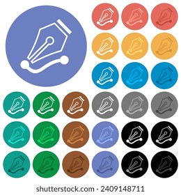 Dibujar curva vectorial con el contorno de la herramienta de la pluma iconos planos multicolor en fondos redondos. Se incluyeron variaciones de iconos blancos, claros y oscuros para efectos de movimiento y estado activo, y tonos extra.