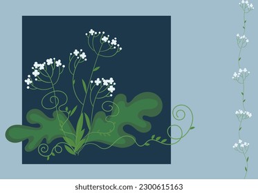 Vector de dibujo con hojas decorativas y flores de flecha blanca sobre un fondo azul