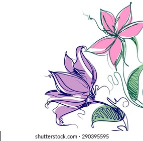 Drawing vector graphics with floral patterns with   tulips for design. Floral flower natural design. Graphic, sketch drawing.