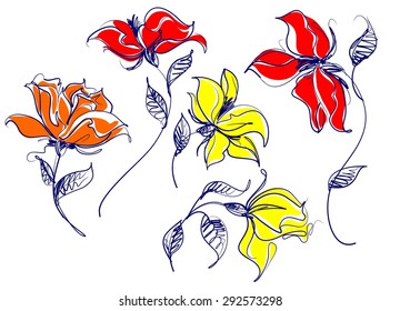 Drawing vector graphics with floral patterns with  tulips for design. Floral flower natural design. Graphic, sketch drawing.