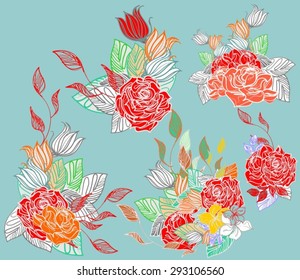 Drawing vector graphics with floral patterns with roses and tulips for design. Floral flower natural design. Graphic, sketch drawing. set 
