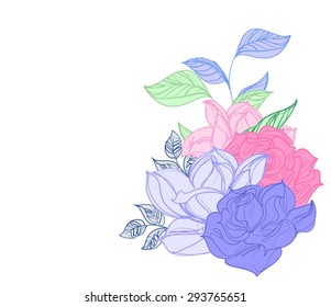 Drawing vector graphics with floral patterns with roses and tulips for design. Floral flower natural design. Graphic, sketch drawing.
