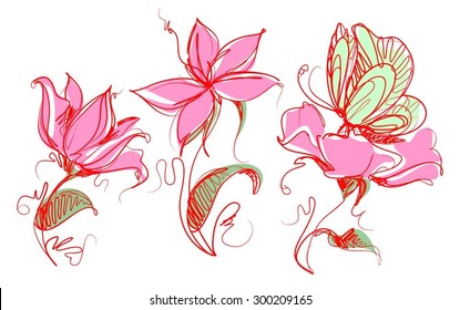 Drawing vector graphics with floral patterns with  tulips for design. Floral flower natural design. Graphic, sketch drawing.set 