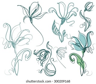 Drawing vector graphics with floral patterns with   tulips for design. Floral flower natural design. Graphic, sketch drawing.set 