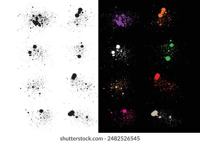 Drawing vector grungy splatter brushstroke background set. Isolated hand drawing grunge background set. Black red orange green yellow blue purple pink wheat color grunge texture collection