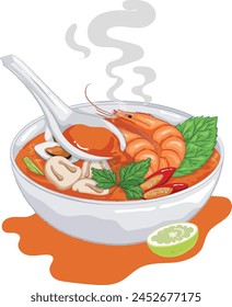 Drawing vector of hot tom yum seafood soup isolated in white background