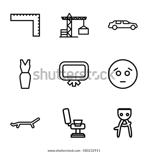 drawing vector icons. Set of 9 drawing outline icons\
such as construction crane, ruler, board, barber chair, hair\
removal, car, dress,\
sun