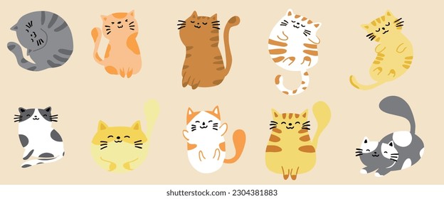 Drawing vector illustration character collection cute cats. Doodle cartoon style.