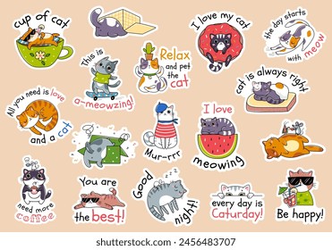 Drawing vector illustration character design collection stickers with funny cats Doodle style isolated