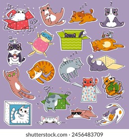 Drawing vector illustration character design collection stickers with funny cats Doodle cartoon style isolated on violet background