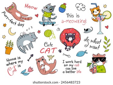 Drawing vector illustration character design collection stickers funny cats Doodle cartoon style isolated on white background