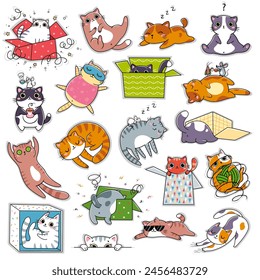 Drawing vector illustration character design collection stickers with funny cats Doodle style isolated on white background