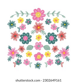 drawing vector illustration of cute flowers and leaves in embroidery lines with white background