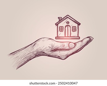 Ilustración vectorial del dibujo de la mano que sostiene el icono de la casa. Bosquejo dibujado a mano de Asistencia social, caridad, donación, seguro, sobre fondo aislado.