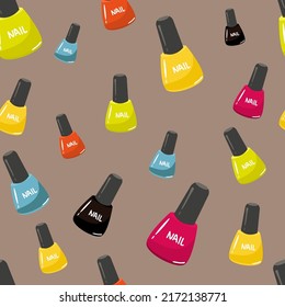 Drawing vector illustration with nail polish. Seamless pattern Colorful nail polish bottles seamless pattern. For wrapping paper, packaging or fabric. Vector illustration