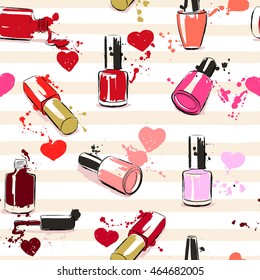 Drawing vector illustration with nail polish, hearts and splash paint. Seamless pattern
