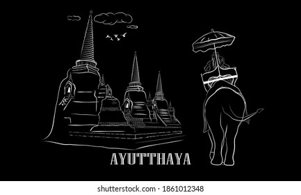Drawing vector illustration outline old Pagodas and elephants Thailand with text  AYUTTHAYA 